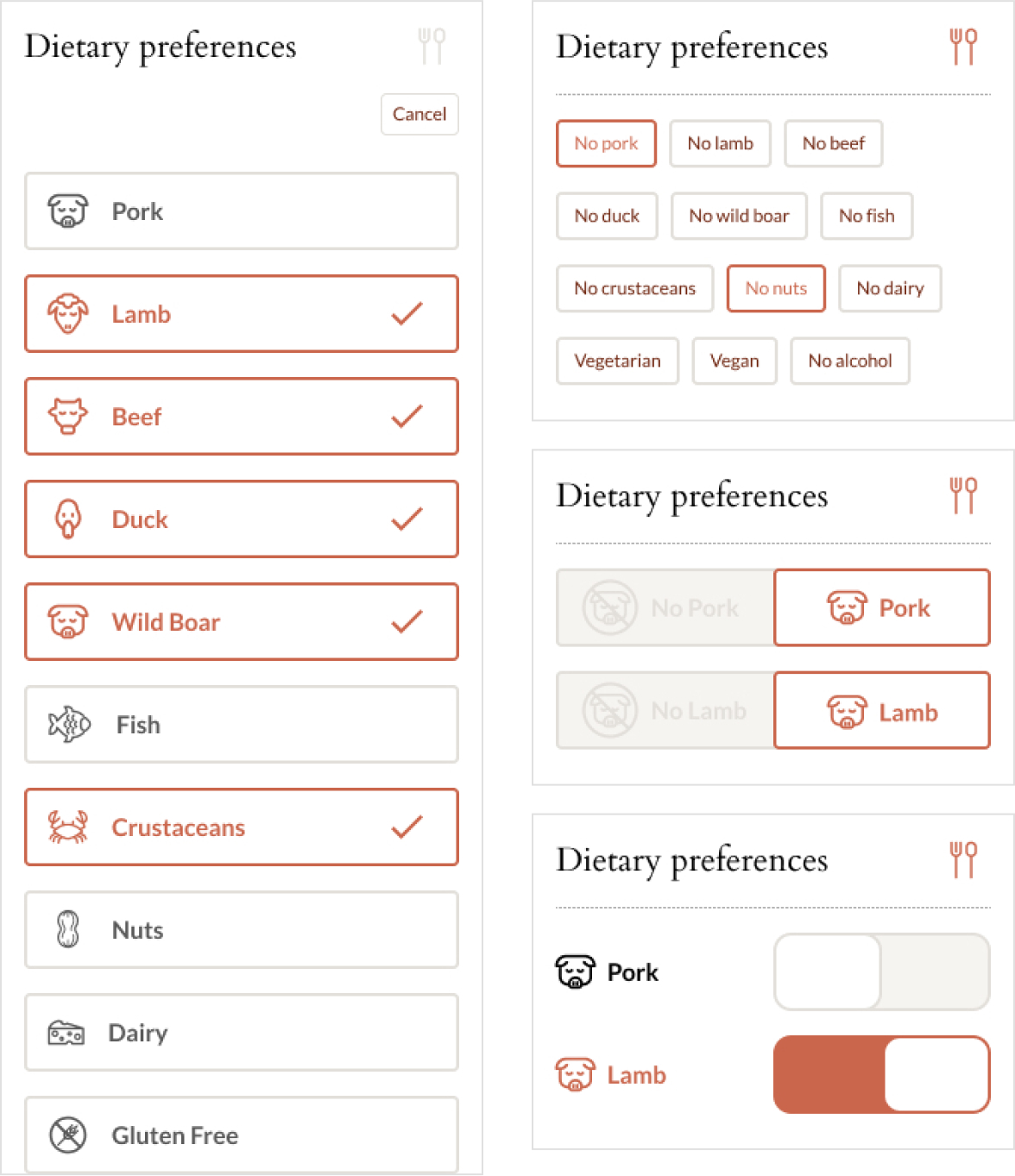 Four user interface styles showing dietary preferences selection with options like pork, lamb, beef, duck, wild boar, fish, crustaceans, nuts, dairy, and gluten-free, using buttons, toggles, and checkboxes with icons.
