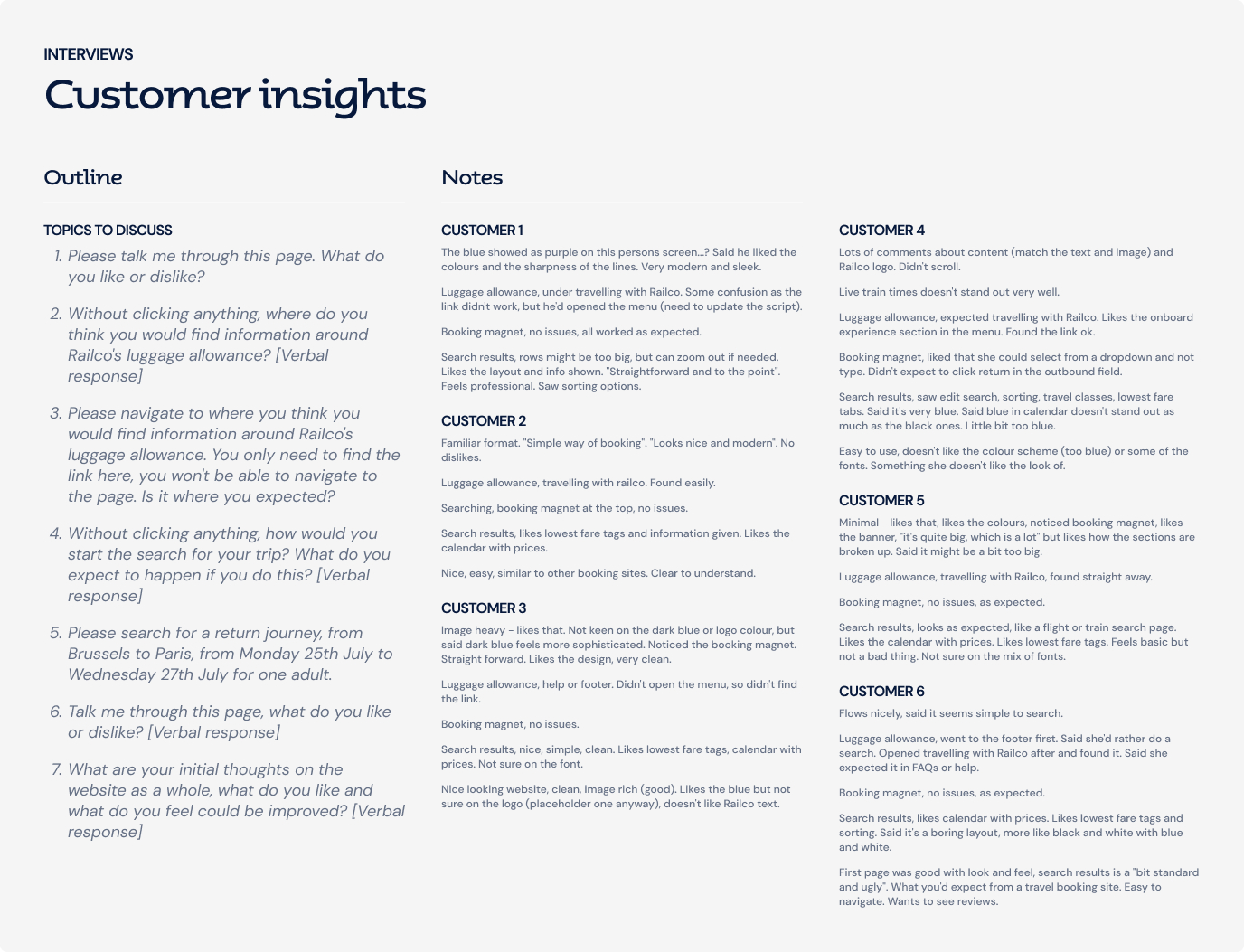 Document titled 'Customer insights' with interview outline questions on the left and detailed notes from six customers on the right about their experience with Railco's luggage allowance and booking interface.